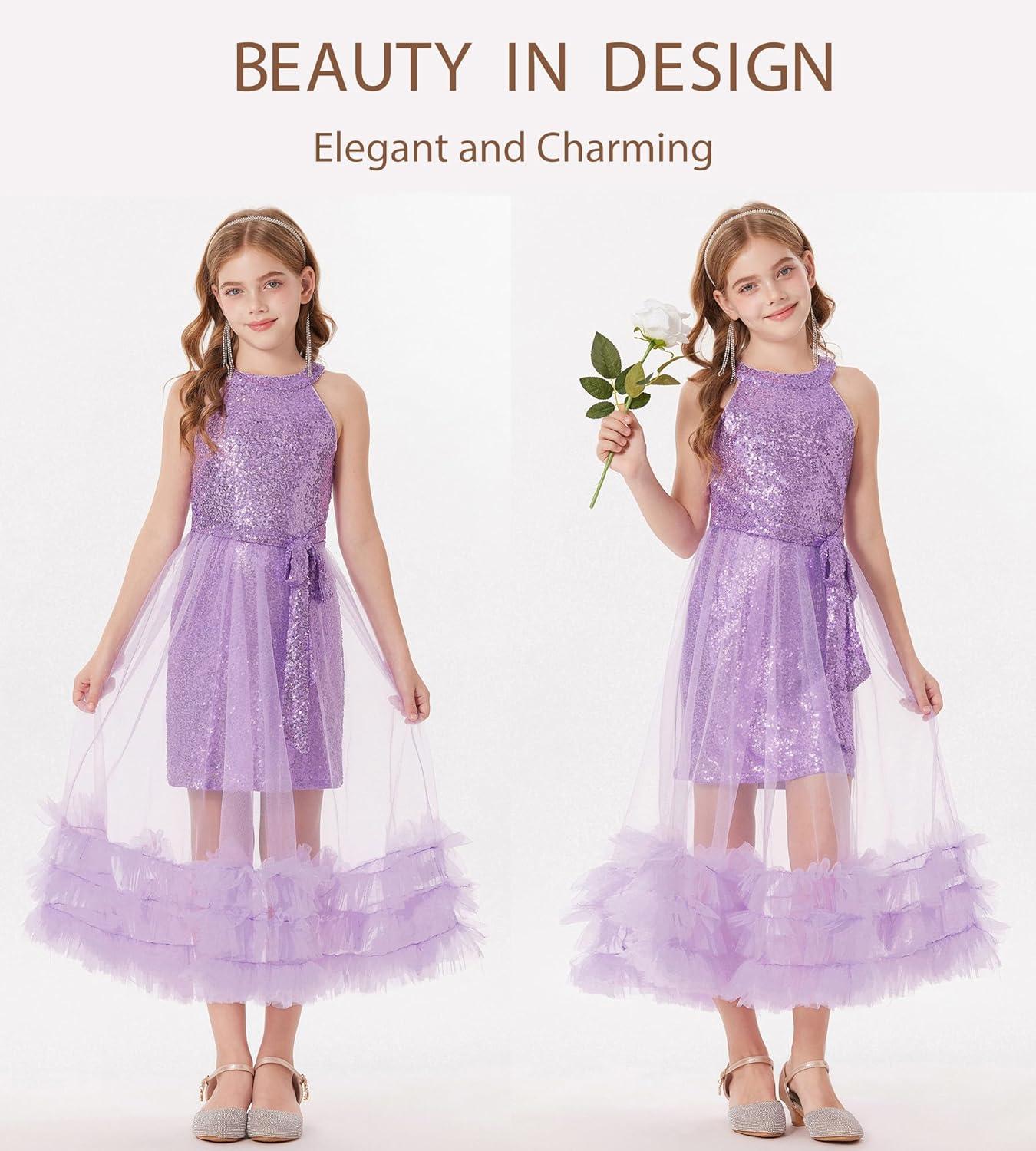 imageGRACE KARIN Girls Sequin Dress Sparkly Formal Party Pageant Halter Tulle Maxi Teen Prom Dresses for 714 YearsPurple