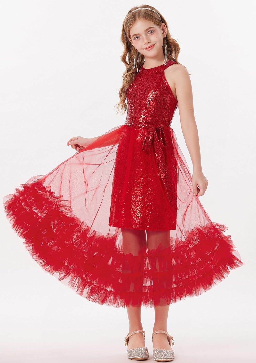 imageGRACE KARIN Girls Sequin Dress Sparkly Formal Party Pageant Halter Tulle Maxi Teen Prom Dresses for 714 YearsRed