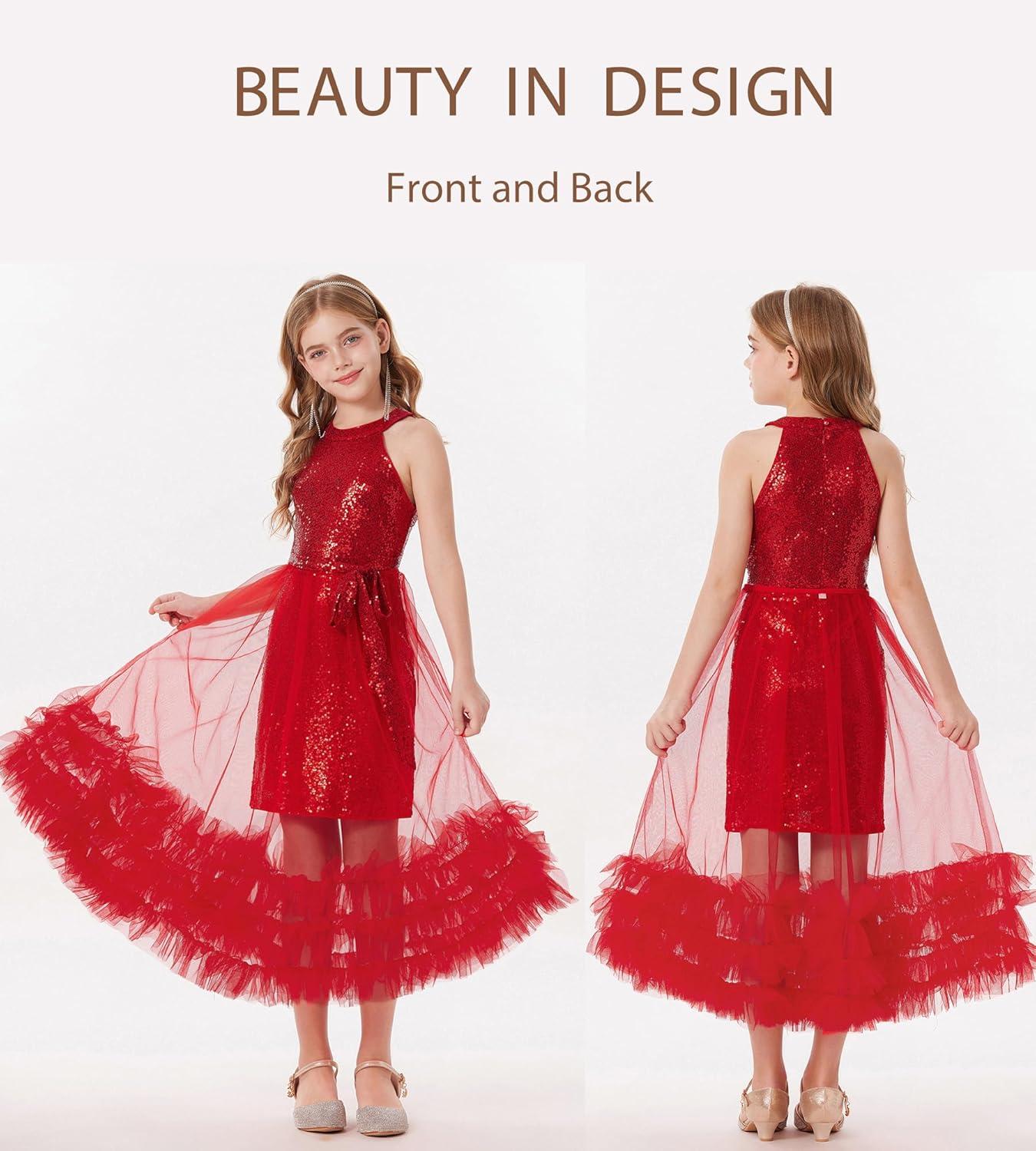 imageGRACE KARIN Girls Sequin Dress Sparkly Formal Party Pageant Halter Tulle Maxi Teen Prom Dresses for 714 YearsRed