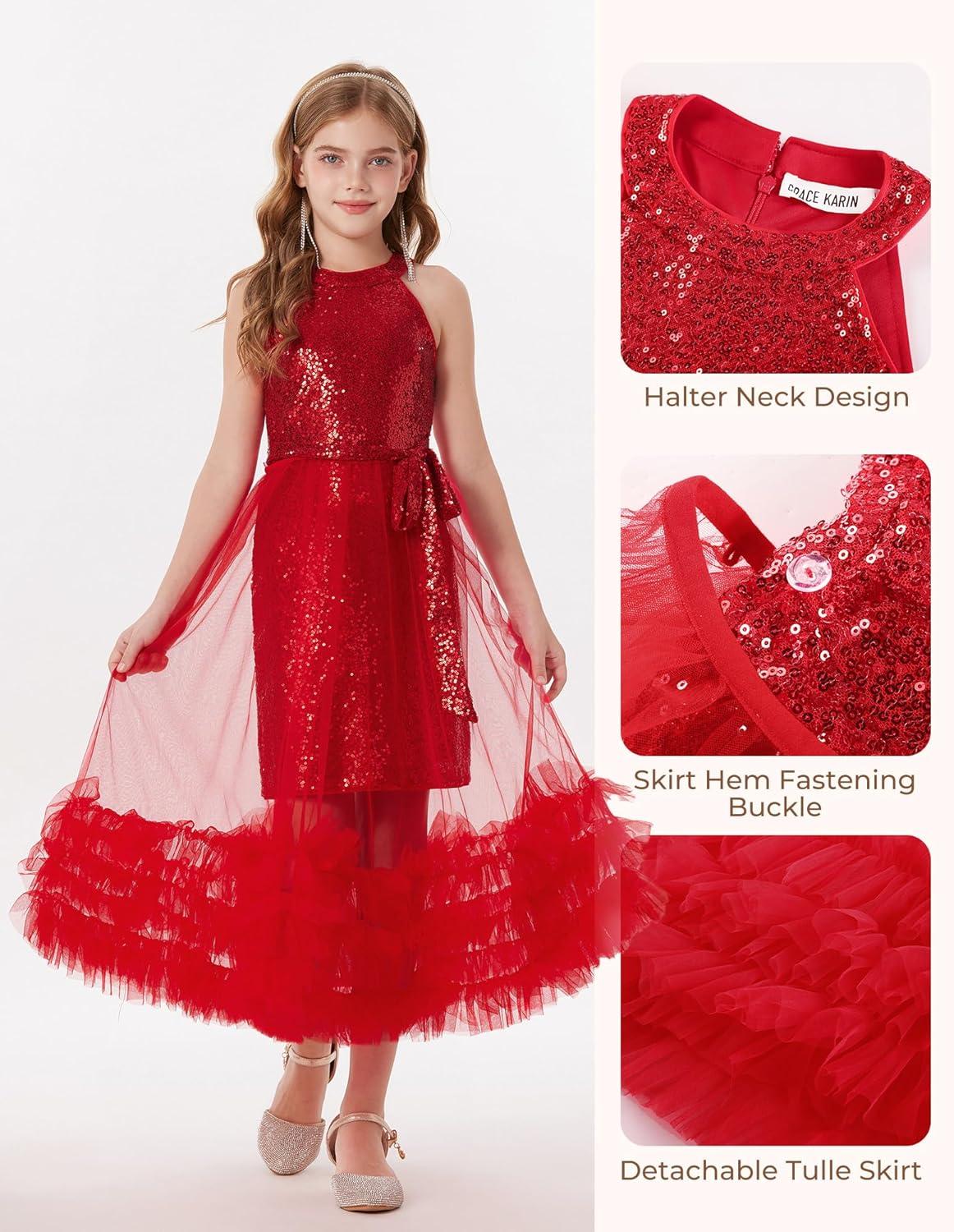 imageGRACE KARIN Girls Sequin Dress Sparkly Formal Party Pageant Halter Tulle Maxi Teen Prom Dresses for 714 YearsRed