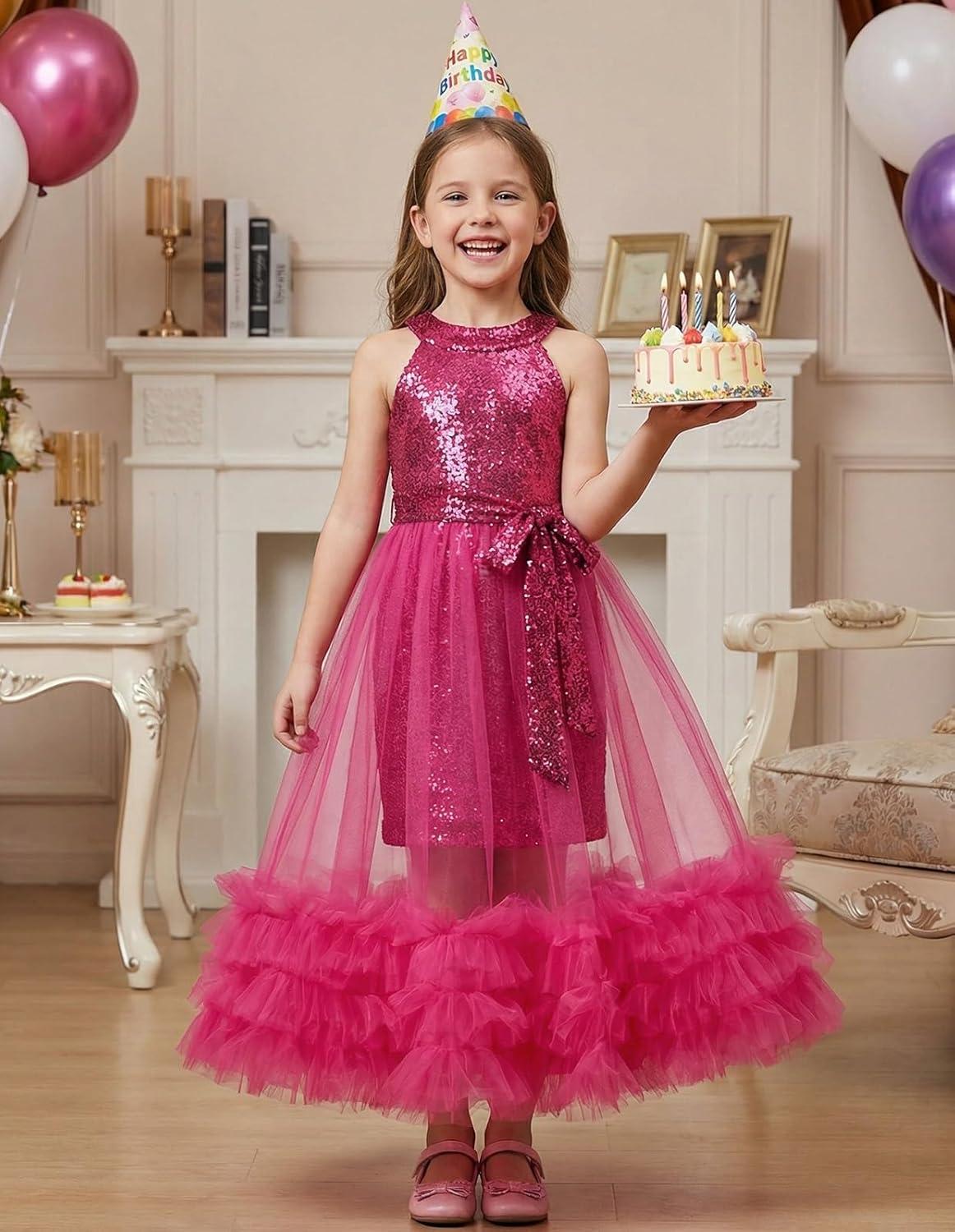 imageGRACE KARIN Girls Sequin Dress Sparkly Formal Party Pageant Halter Tulle Maxi Teen Prom Dresses for 714 YearsRose Red