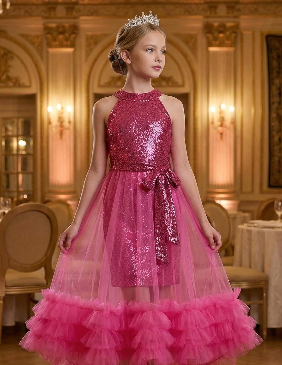 imageGRACE KARIN Girls Sequin Dress Sparkly Formal Party Pageant Halter Tulle Maxi Teen Prom Dresses for 714 YearsRose Red