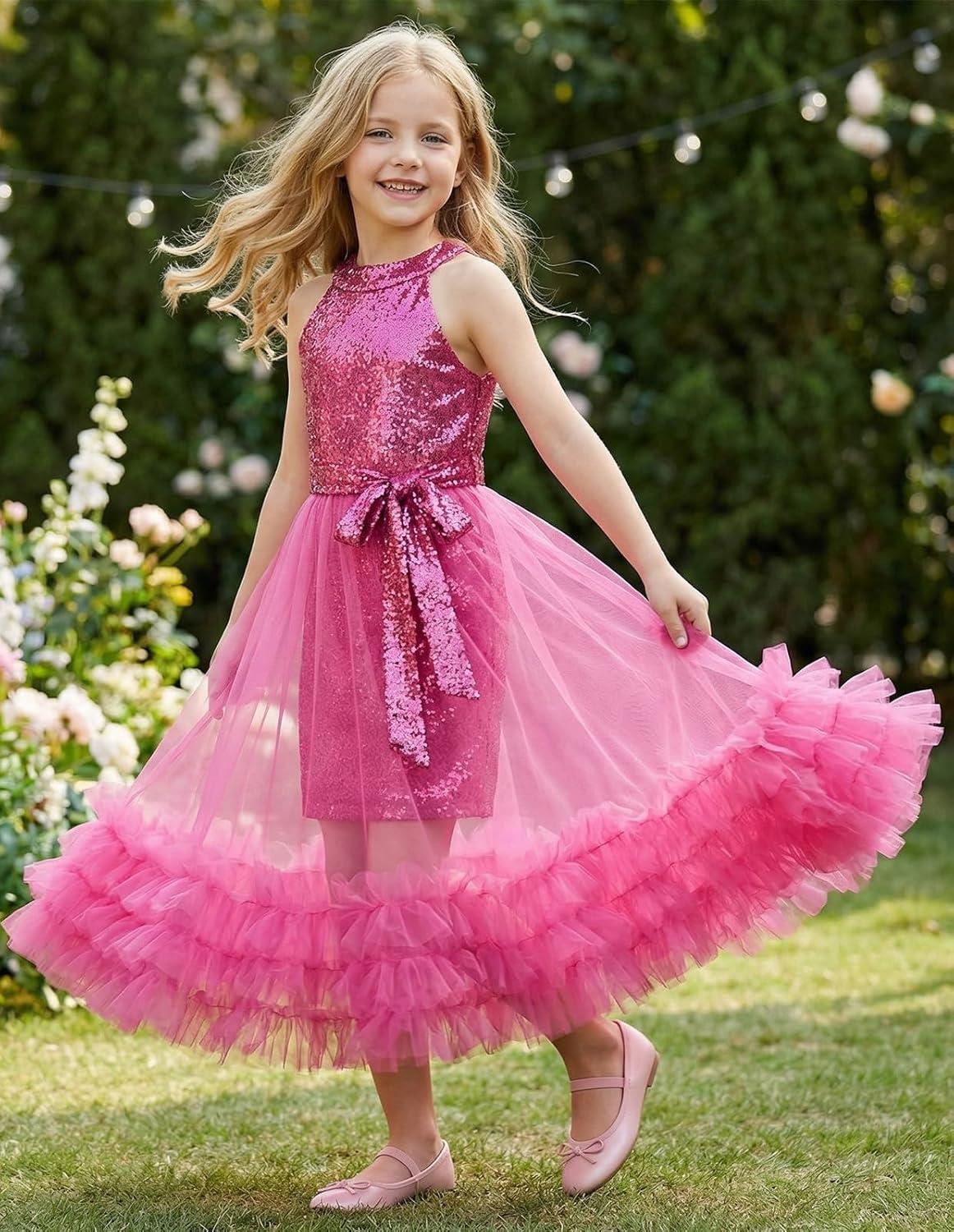 imageGRACE KARIN Girls Sequin Dress Sparkly Formal Party Pageant Halter Tulle Maxi Teen Prom Dresses for 714 YearsRose Red