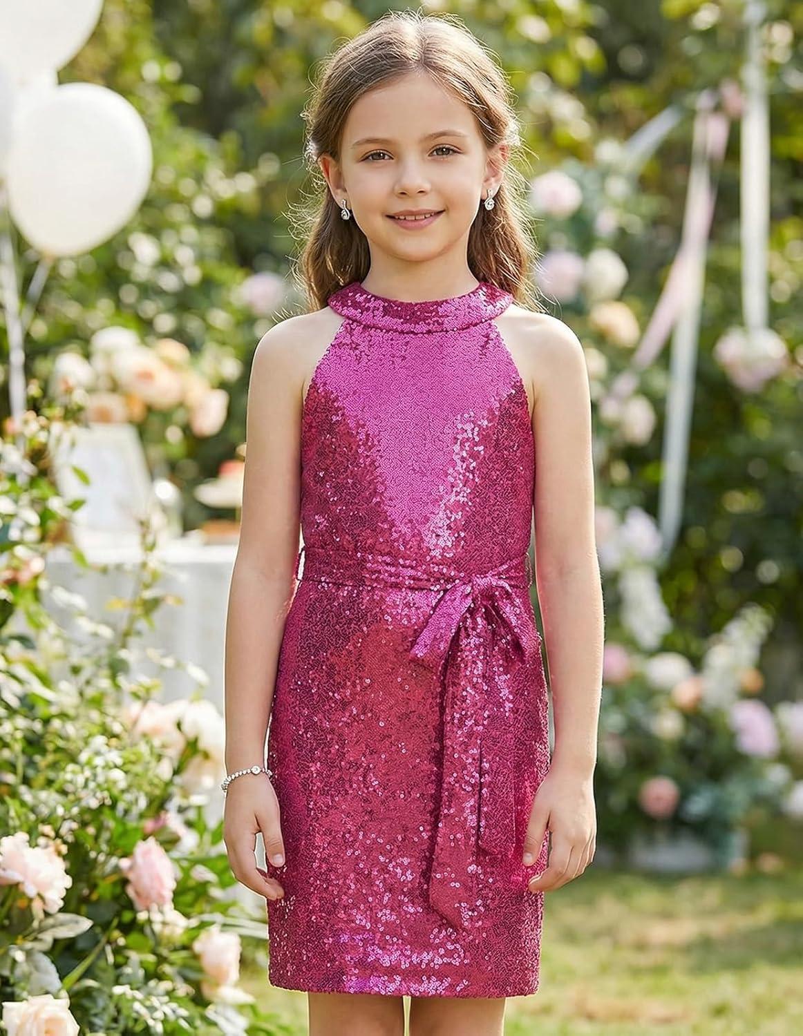 imageGRACE KARIN Girls Sequin Dress Sparkly Formal Party Pageant Halter Tulle Maxi Teen Prom Dresses for 714 YearsRose Red