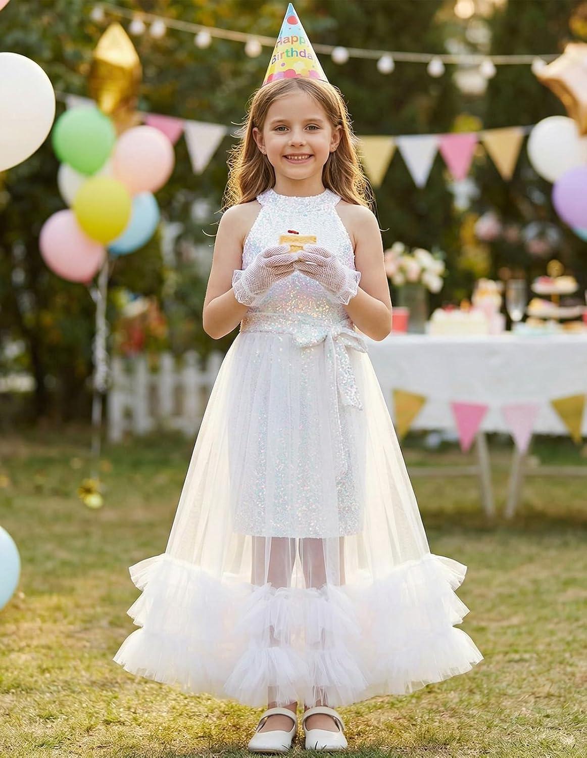 imageGRACE KARIN Girls Sequin Dress Sparkly Formal Party Pageant Halter Tulle Maxi Teen Prom Dresses for 714 YearsWhite