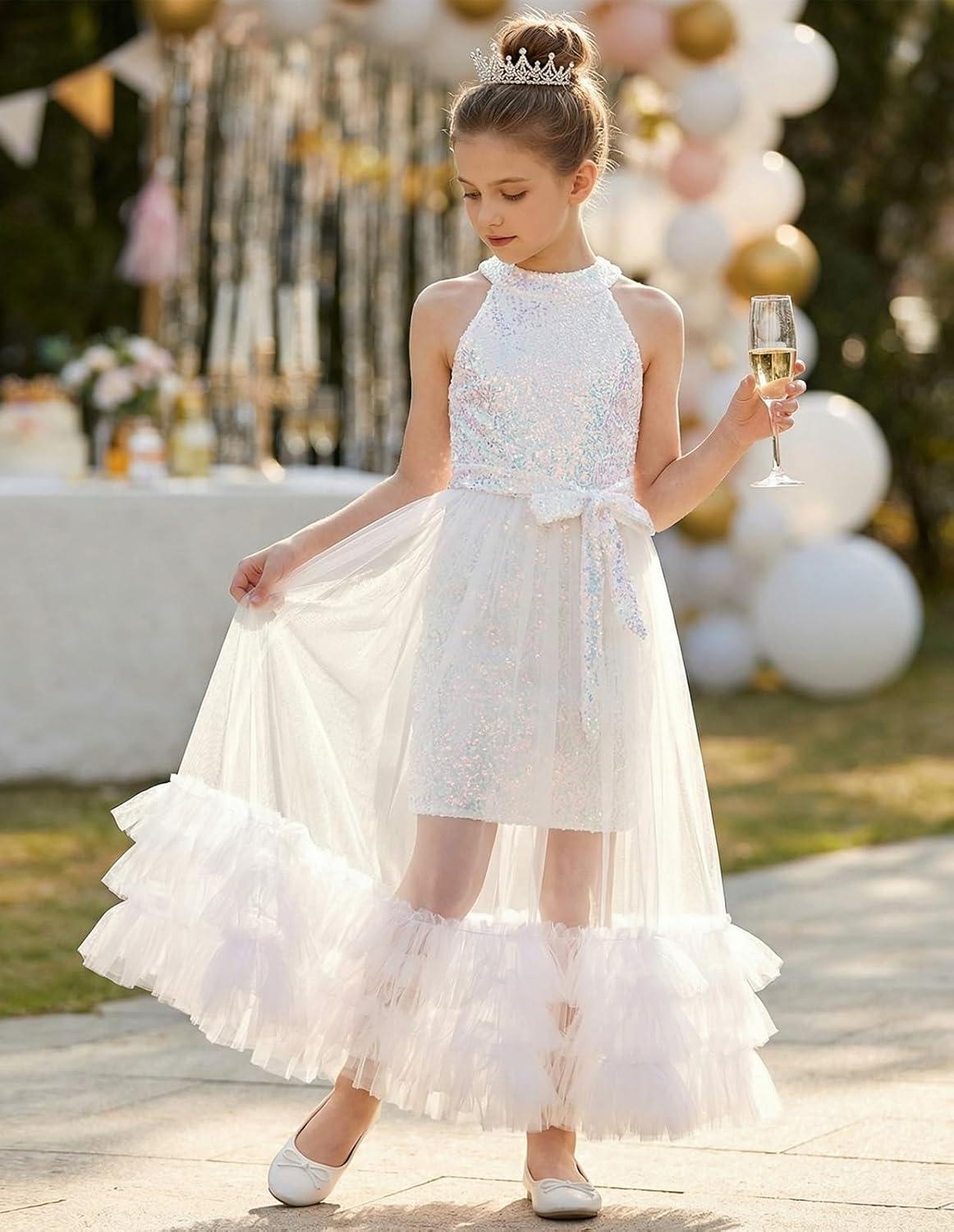 imageGRACE KARIN Girls Sequin Dress Sparkly Formal Party Pageant Halter Tulle Maxi Teen Prom Dresses for 714 YearsWhite