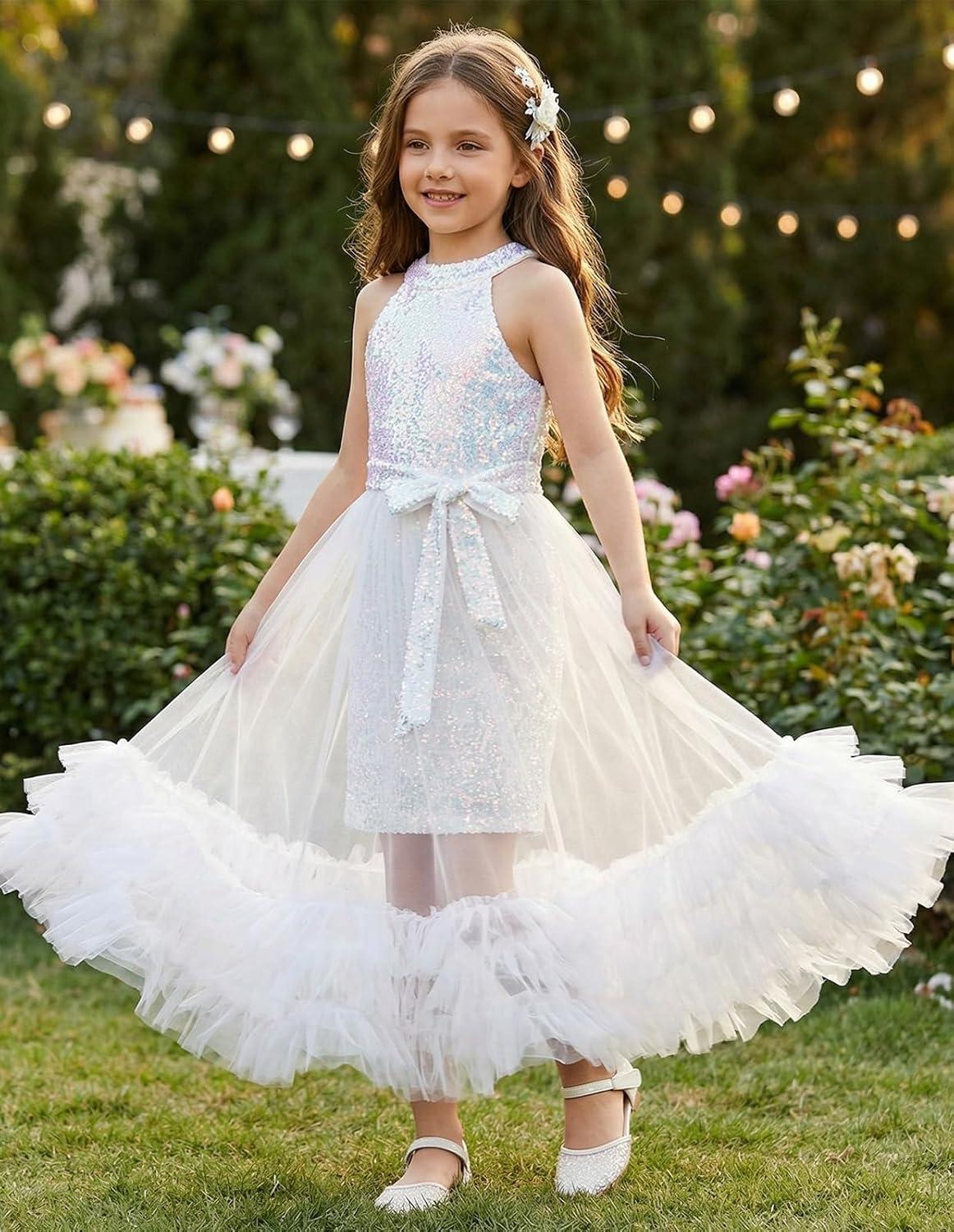 imageGRACE KARIN Girls Sequin Dress Sparkly Formal Party Pageant Halter Tulle Maxi Teen Prom Dresses for 714 YearsWhite