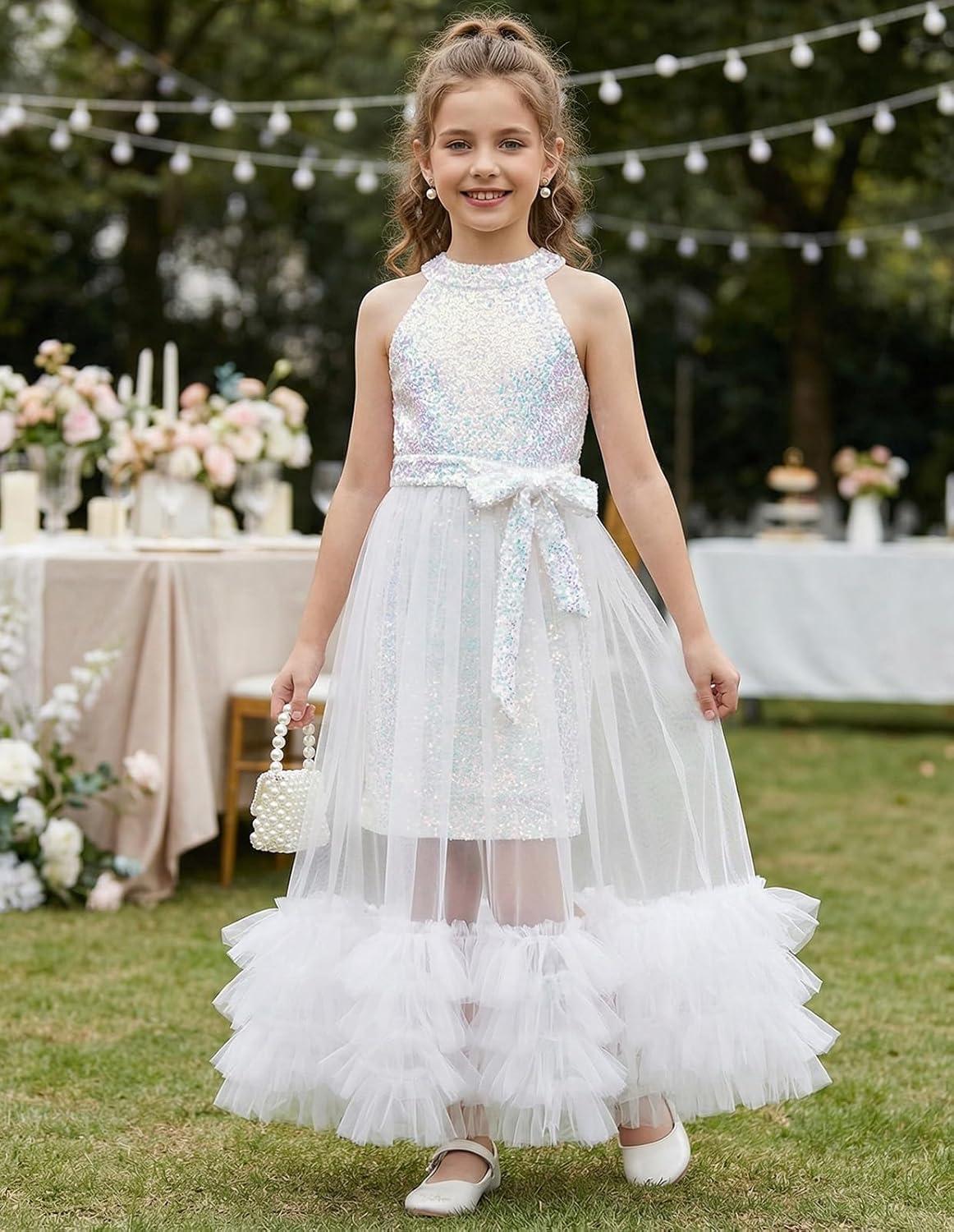 imageGRACE KARIN Girls Sequin Dress Sparkly Formal Party Pageant Halter Tulle Maxi Teen Prom Dresses for 714 YearsWhite