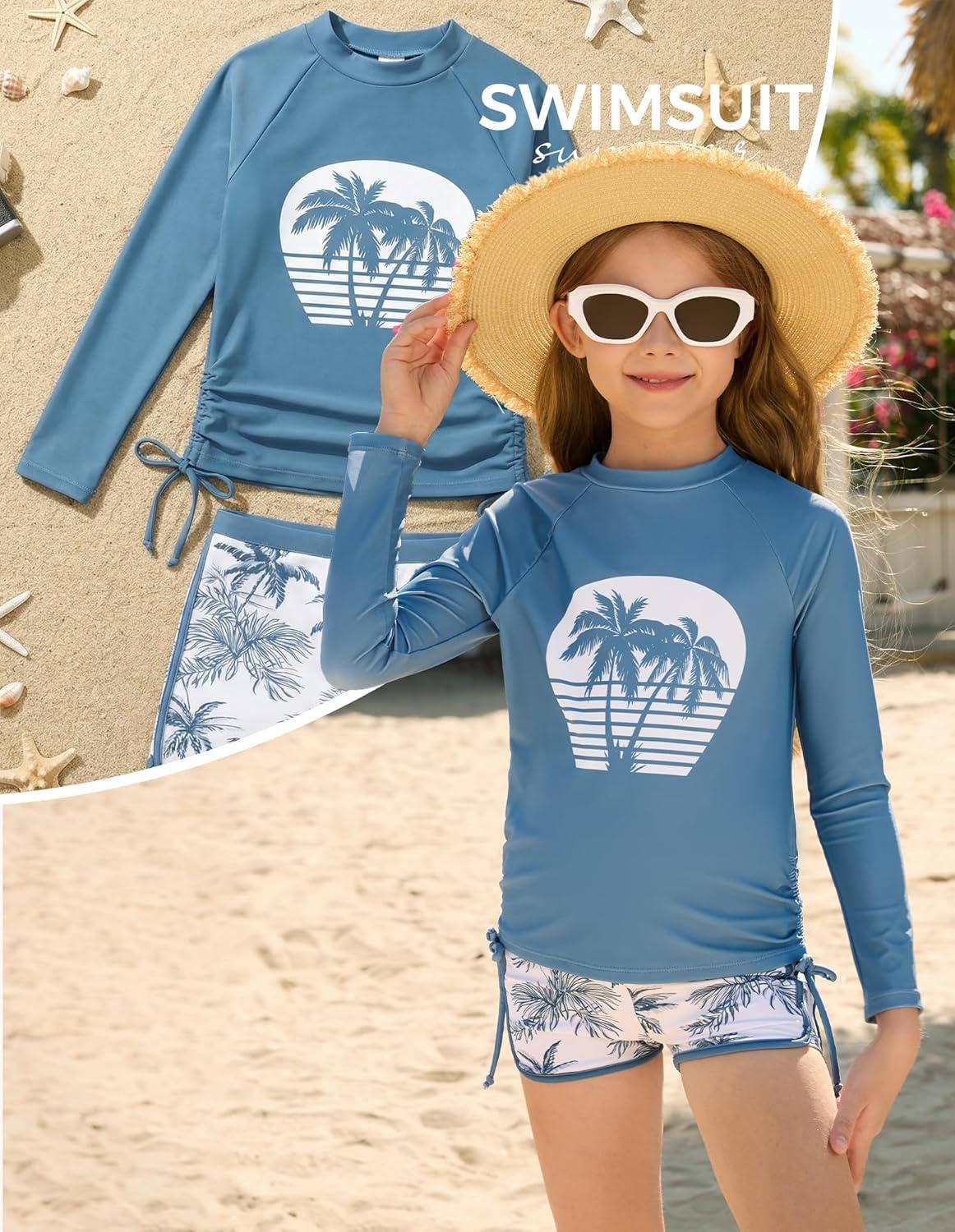 imageGRACE KARIN Girls Swimsuit Rash Guard Set Two Piece Long Sleeve Beach Summer Vacation Swimwear 714YDusty Blue Palms