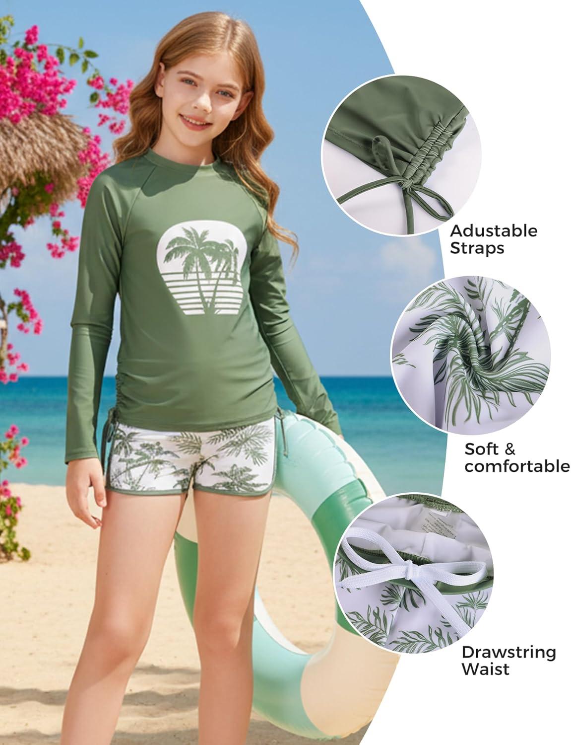 imageGRACE KARIN Girls Swimsuit Rash Guard Set Two Piece Long Sleeve Beach Summer Vacation Swimwear 714YMilitary Green Palms