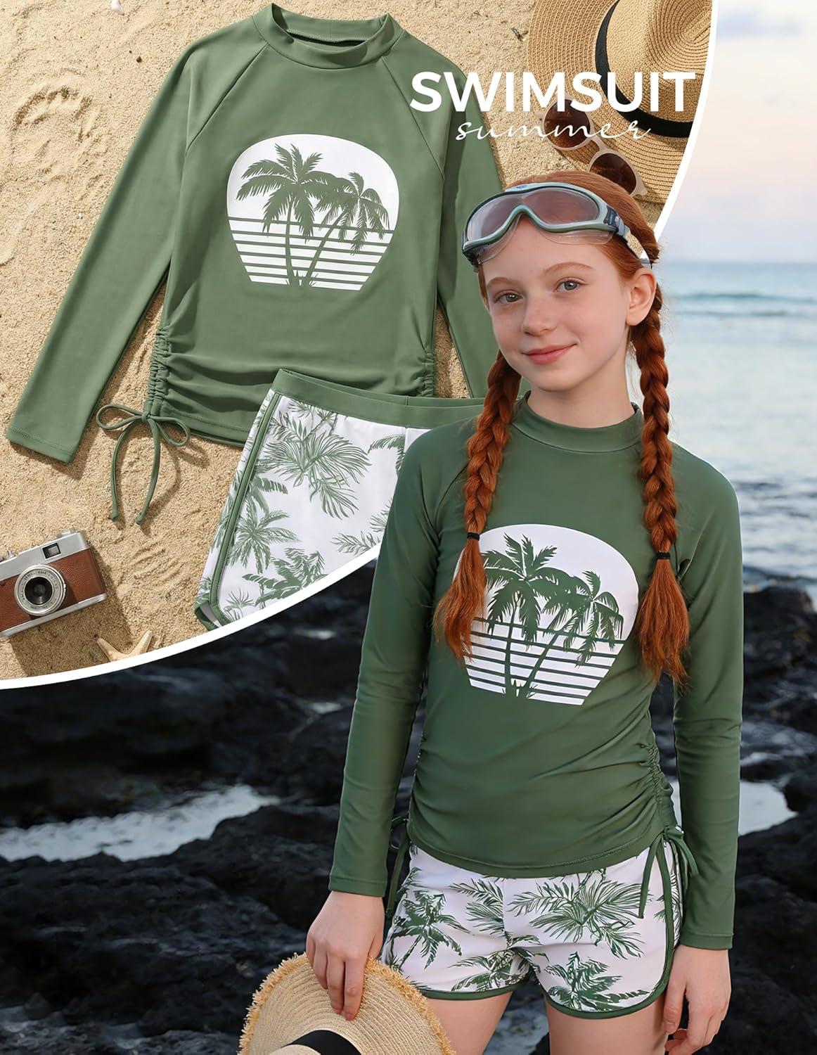 imageGRACE KARIN Girls Swimsuit Rash Guard Set Two Piece Long Sleeve Beach Summer Vacation Swimwear 714YMilitary Green Palms