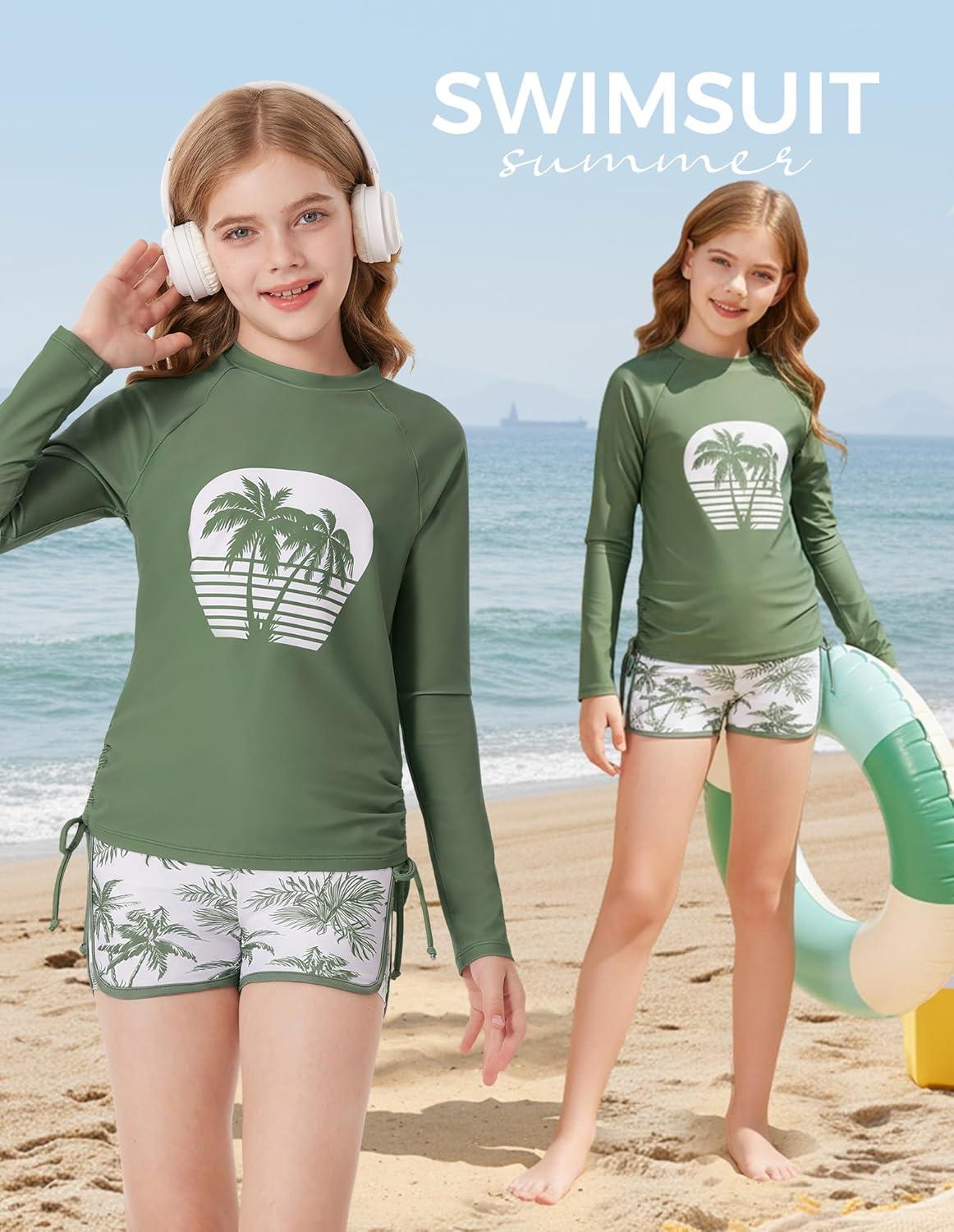 imageGRACE KARIN Girls Swimsuit Rash Guard Set Two Piece Long Sleeve Beach Summer Vacation Swimwear 714YMilitary Green Palms