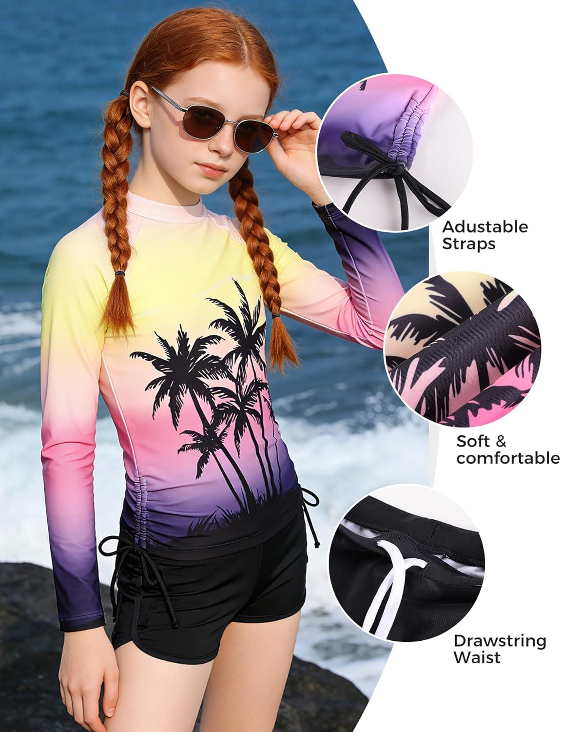 imageGRACE KARIN Girls Swimsuit Rash Guard Set Two Piece Long Sleeve Beach Summer Vacation Swimwear 714YTropical Sunset Gradient