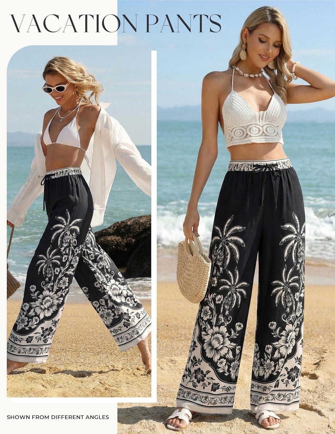 imageGRACE KARIN Womens Casual Wide Leg Pants Palazzo Boho Vacation Pants High Waist Drawstring Trousers with PocketsBlack