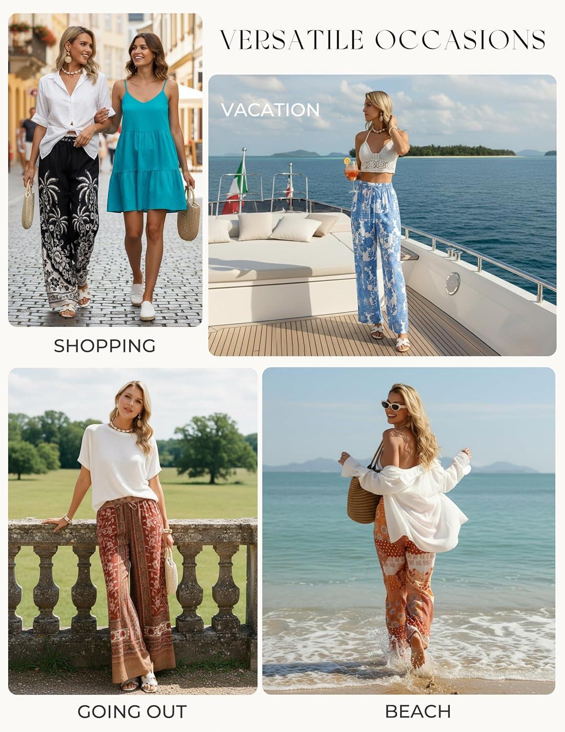 imageGRACE KARIN Womens Casual Wide Leg Pants Palazzo Boho Vacation Pants High Waist Drawstring Trousers with PocketsBlue