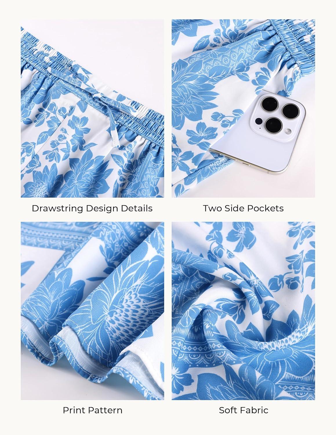 imageGRACE KARIN Womens Casual Wide Leg Pants Palazzo Boho Vacation Pants High Waist Drawstring Trousers with PocketsBlue