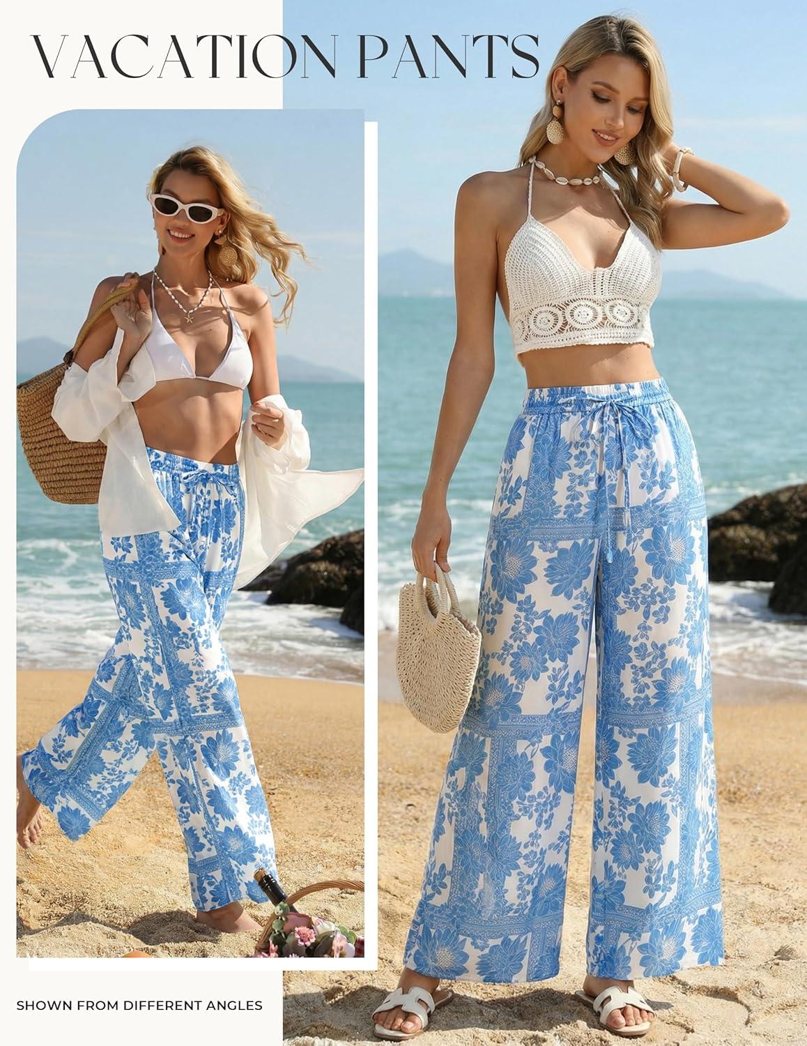 imageGRACE KARIN Womens Casual Wide Leg Pants Palazzo Boho Vacation Pants High Waist Drawstring Trousers with PocketsBlue