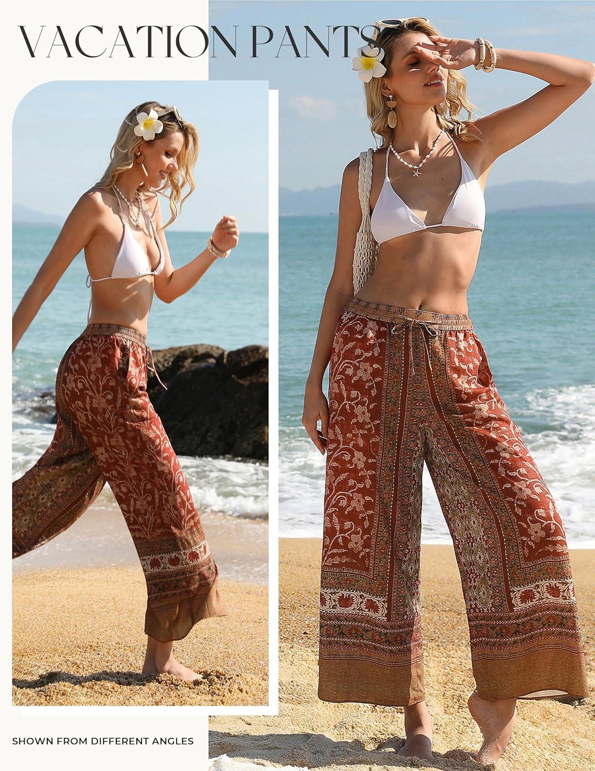 imageGRACE KARIN Womens Casual Wide Leg Pants Palazzo Boho Vacation Pants High Waist Drawstring Trousers with PocketsRed