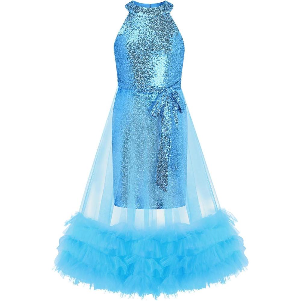 imageGRACE KARIN Girls Sequin Dress Sparkly Formal Party Pageant Halter Tulle Maxi Teen Prom Dresses for 714 YearsBlue