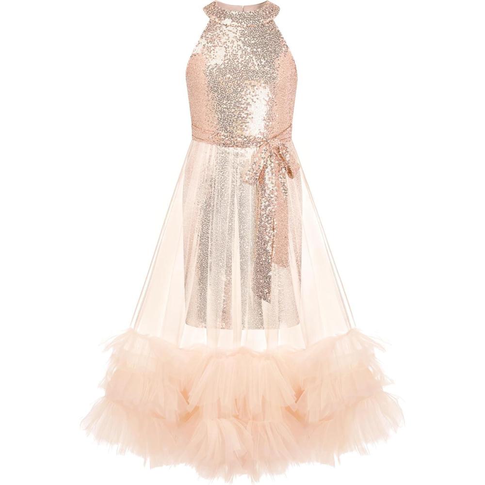 imageGRACE KARIN Girls Sequin Dress Sparkly Formal Party Pageant Halter Tulle Maxi Teen Prom Dresses for 714 YearsGold