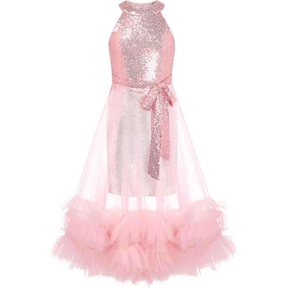 imageGRACE KARIN Girls Sequin Dress Sparkly Formal Party Pageant Halter Tulle Maxi Teen Prom Dresses for 714 YearsPink