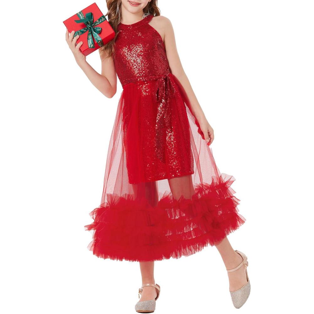 imageGRACE KARIN Girls Sequin Dress Sparkly Formal Party Pageant Halter Tulle Maxi Teen Prom Dresses for 714 YearsRed