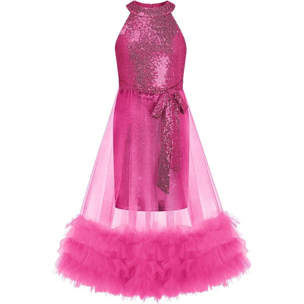 imageGRACE KARIN Girls Sequin Dress Sparkly Formal Party Pageant Halter Tulle Maxi Teen Prom Dresses for 714 YearsRose Red