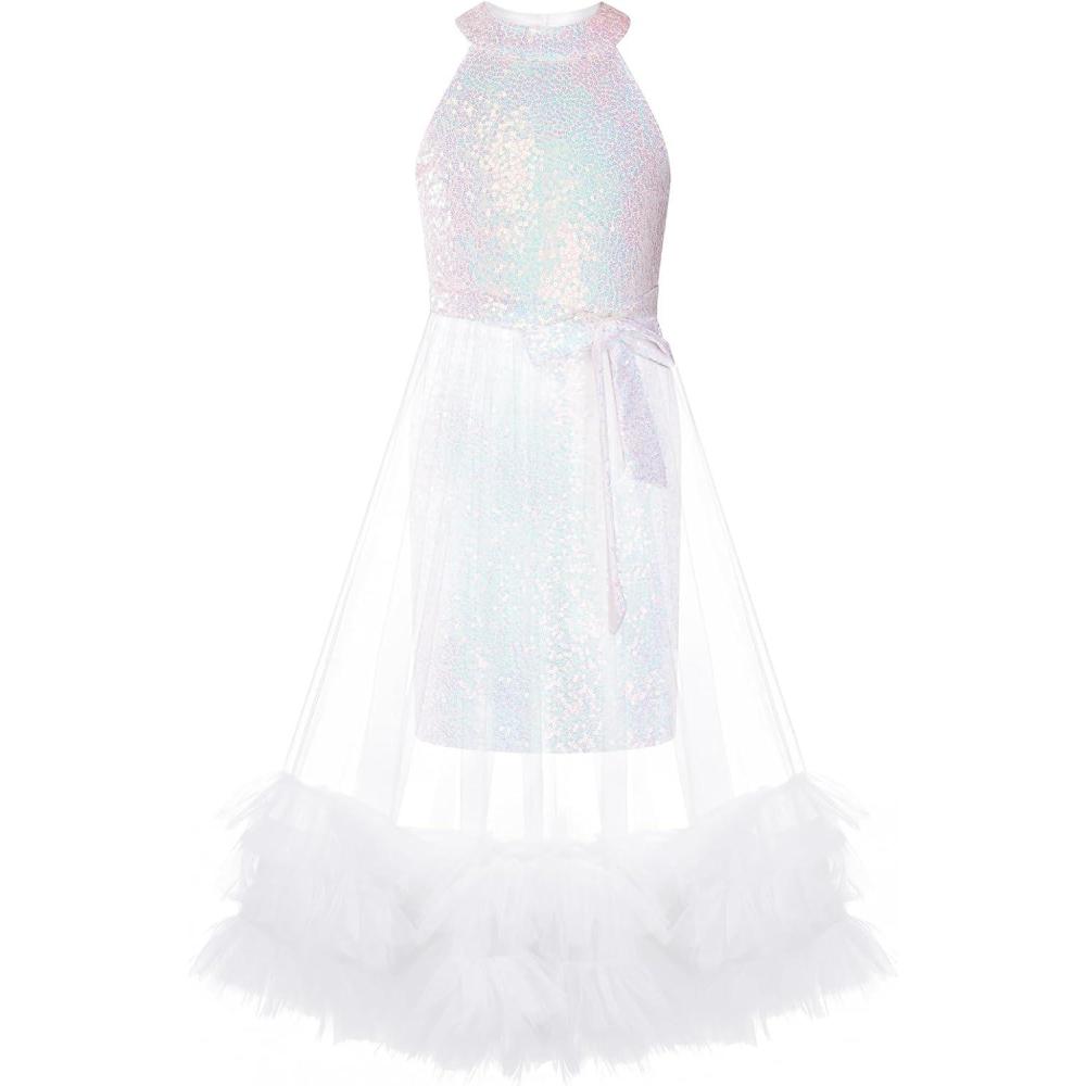 imageGRACE KARIN Girls Sequin Dress Sparkly Formal Party Pageant Halter Tulle Maxi Teen Prom Dresses for 714 YearsWhite
