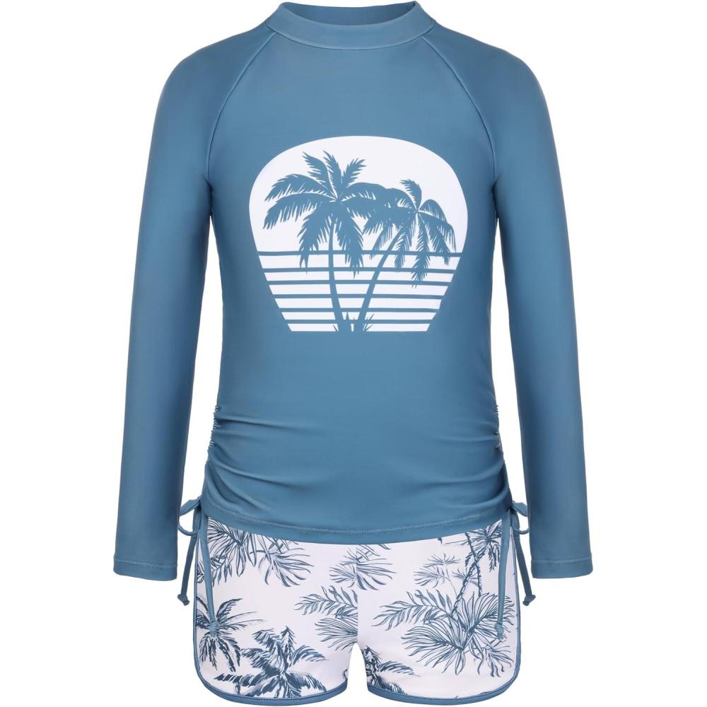 imageGRACE KARIN Girls Swimsuit Rash Guard Set Two Piece Long Sleeve Beach Summer Vacation Swimwear 714YDusty Blue Palms
