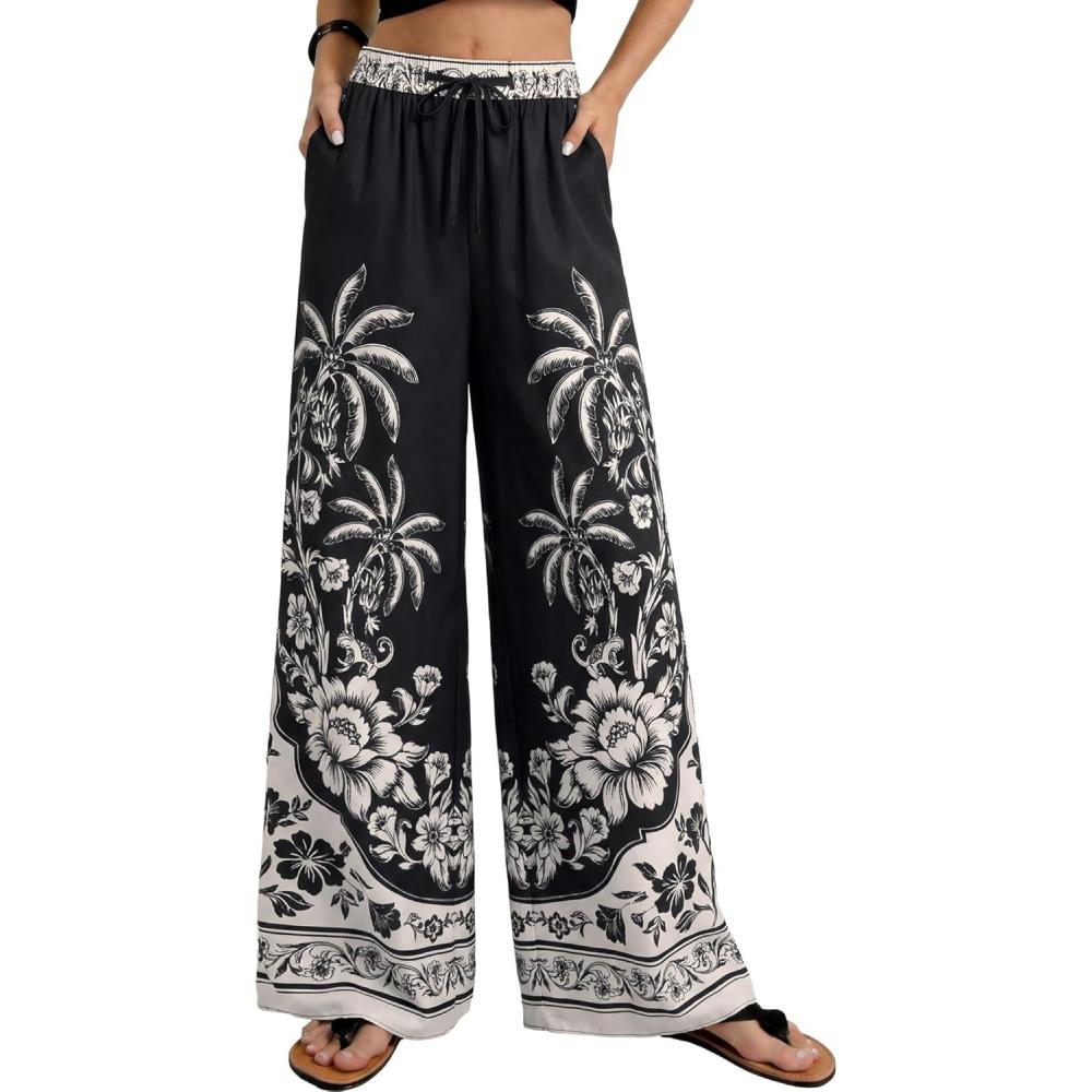 imageGRACE KARIN Womens Casual Wide Leg Pants Palazzo Boho Vacation Pants High Waist Drawstring Trousers with PocketsBlack