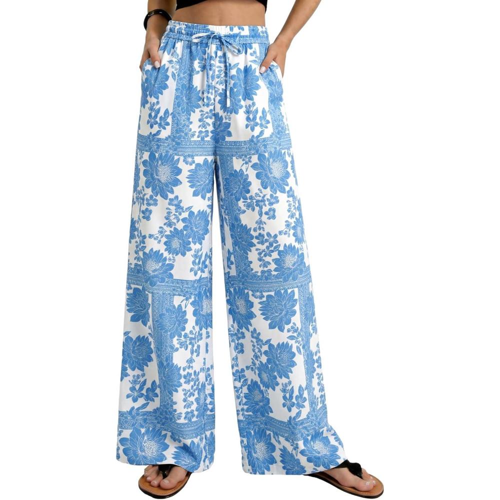 imageGRACE KARIN Womens Casual Wide Leg Pants Palazzo Boho Vacation Pants High Waist Drawstring Trousers with PocketsBlue