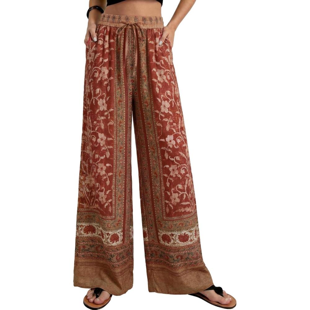 imageGRACE KARIN Womens Casual Wide Leg Pants Palazzo Boho Vacation Pants High Waist Drawstring Trousers with PocketsRed