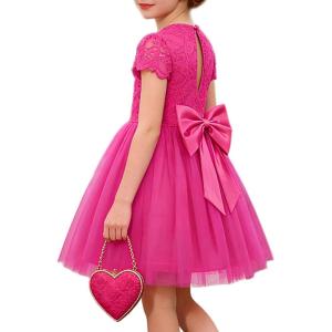 GRACE KARIN Flower Girl Dress with Big Bow,Kids Lace Tulle Princess Gown,Wedding Formal Birthday Party Pageant 5-10Y(Hot Fuchsia)