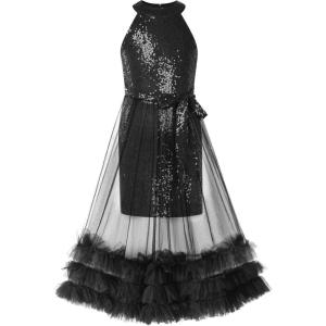 GRACE KARIN Girls Sequin Dress Sparkly Formal Party Pageant Halter Tulle Maxi Teen Prom Dresses for 7-14 Years(Black)