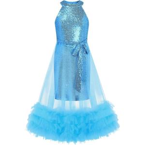 GRACE KARIN Girls Sequin Dress Sparkly Formal Party Pageant Halter Tulle Maxi Teen Prom Dresses for 7-14 Years(Blue)