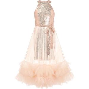 GRACE KARIN Girls Sequin Dress Sparkly Formal Party Pageant Halter Tulle Maxi Teen Prom Dresses for 7-14 Years(Gold)