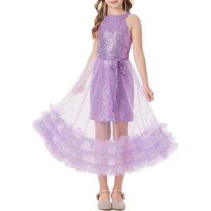 GRACE KARIN Girls Sequin Dress Sparkly Formal Party Pageant Halter Tulle Maxi Teen Prom Dresses for 7-14 Years(Purple)