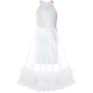 GRACE KARIN Girls Sequin Dress Sparkly Formal Party Pageant Halter Tulle Maxi Teen Prom Dresses for 7-14 Years(White)