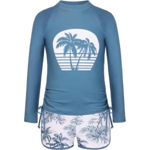 GRACE KARIN Girls Swimsuit Rash Guard Set Two Piece Long Sleeve Beach Summer Vacation Swimwear 7-14Y(Dusty Blue Palms)