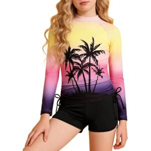 GRACE KARIN Girls Swimsuit Rash Guard Set Two Piece Long Sleeve Beach Summer Vacation Swimwear 7-14Y(Tropical Sunset Gradient)