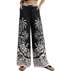 GRACE KARIN Womens Casual Wide Leg Pants, Palazzo Boho Vacation Pants, High Waist Drawstring Trousers with Pockets(Black)