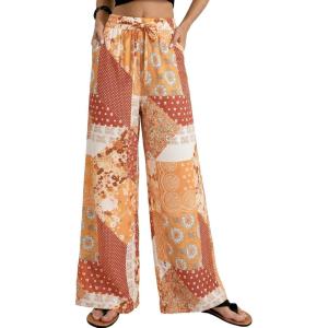 GRACE KARIN Womens Casual Wide Leg Pants, Palazzo Boho Vacation Pants, High Waist Drawstring Trousers with Pockets(Yellow Floral)