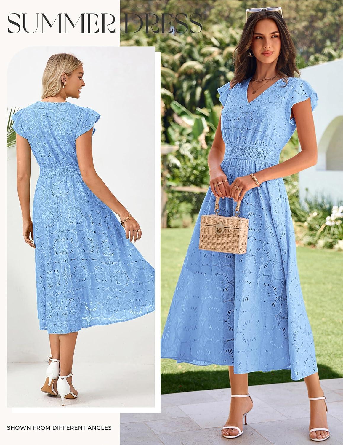 imageGRACE KARIN Women 2026 Summer Midi DressRuffle Sleeve V Neck Smocked Eyelet DressesFlowy A Line Beach Vacation DressesBlue
