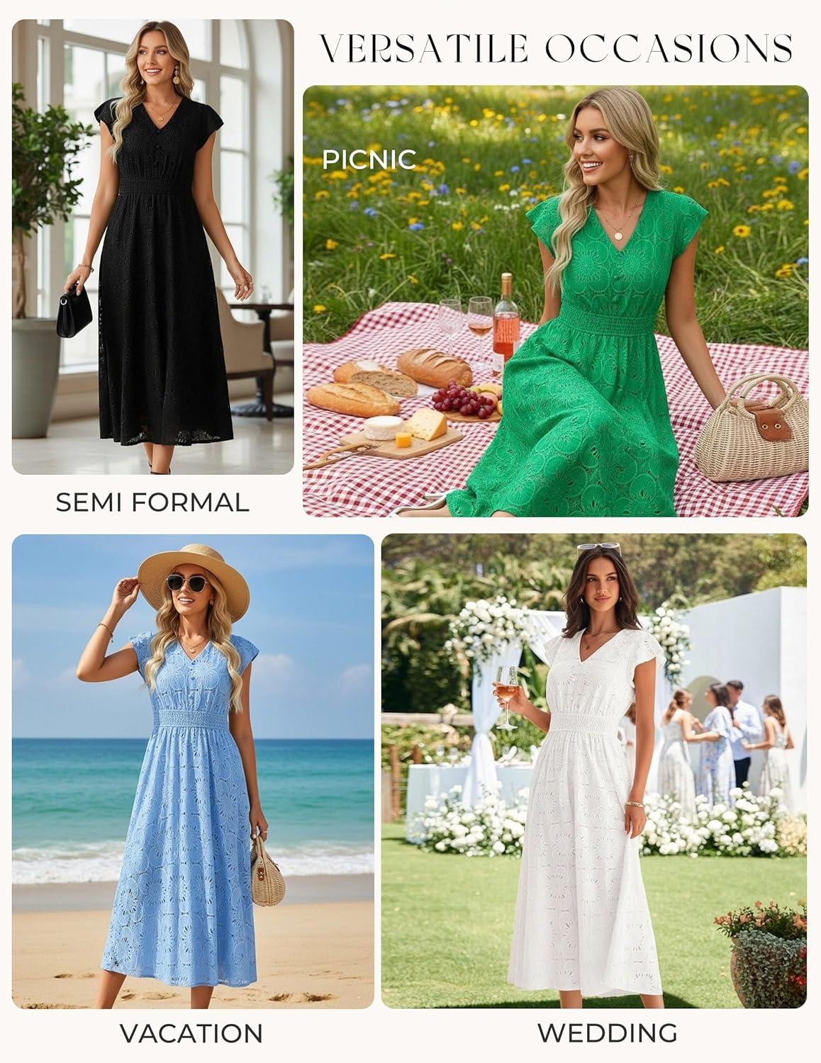 imageGRACE KARIN Women 2026 Summer Midi DressRuffle Sleeve V Neck Smocked Eyelet DressesFlowy A Line Beach Vacation DressesBlue