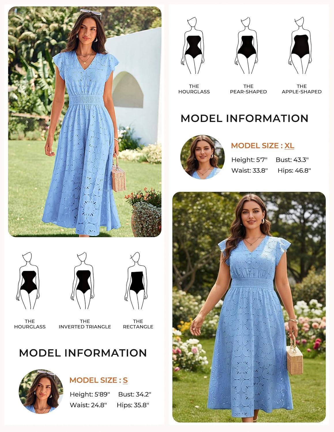 imageGRACE KARIN Women 2026 Summer Midi DressRuffle Sleeve V Neck Smocked Eyelet DressesFlowy A Line Beach Vacation DressesBlue