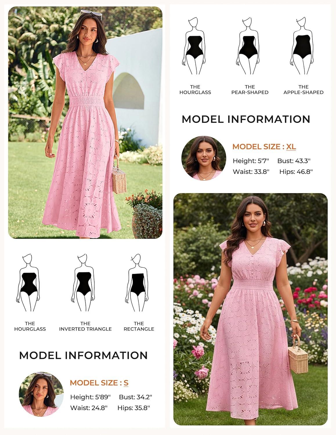 imageGRACE KARIN Women 2026 Summer Midi DressRuffle Sleeve V Neck Smocked Eyelet DressesFlowy A Line Beach Vacation DressesPink