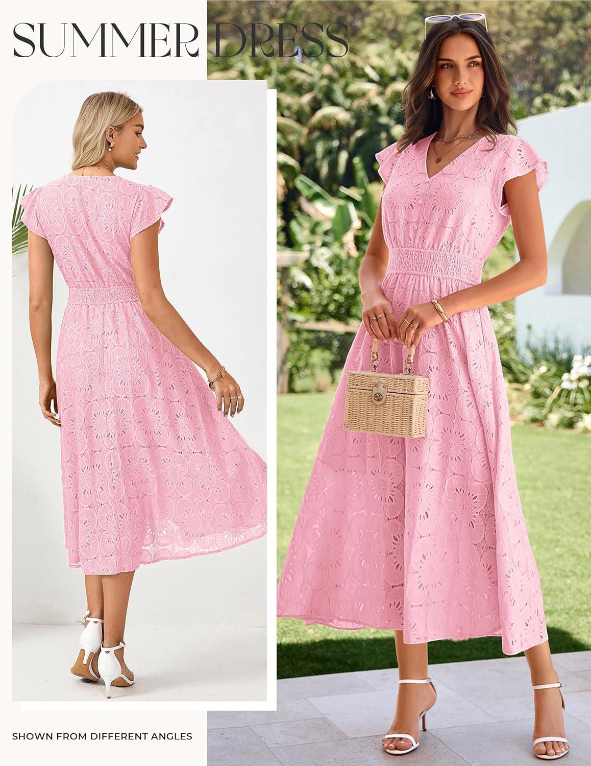 imageGRACE KARIN Women 2026 Summer Midi DressRuffle Sleeve V Neck Smocked Eyelet DressesFlowy A Line Beach Vacation DressesPink