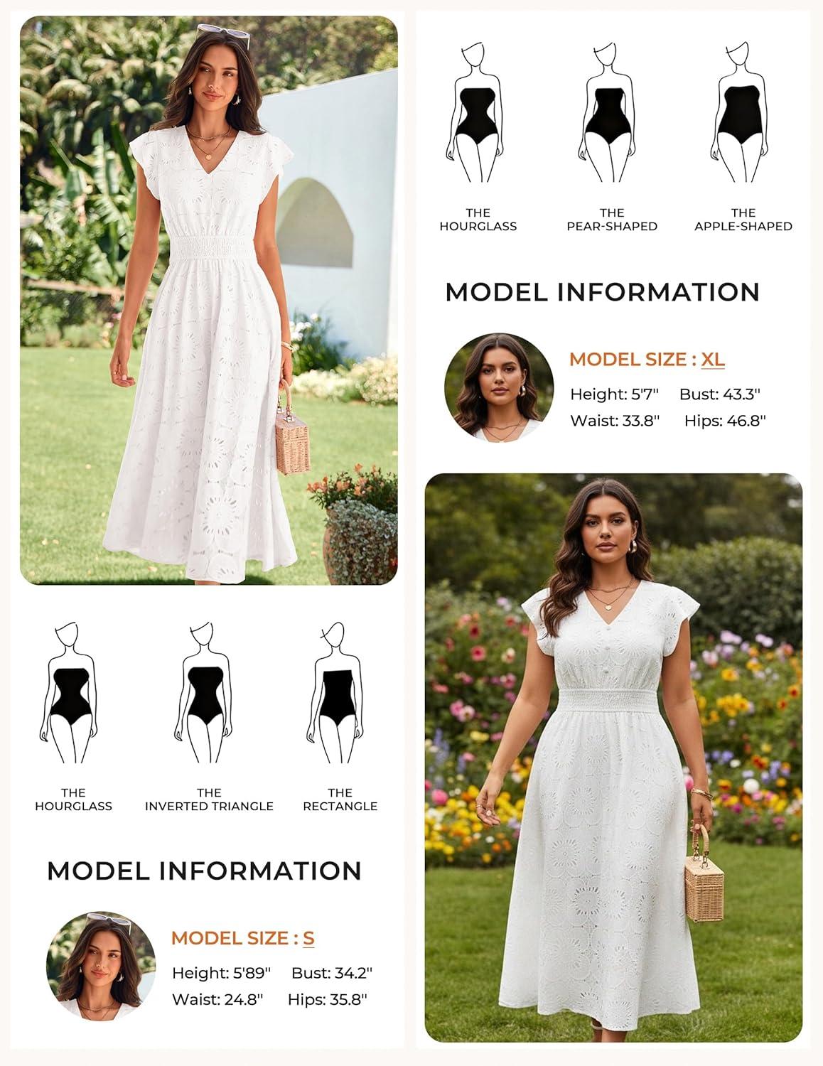 imageGRACE KARIN Women 2026 Summer Midi DressRuffle Sleeve V Neck Smocked Eyelet DressesFlowy A Line Beach Vacation DressesWhite
