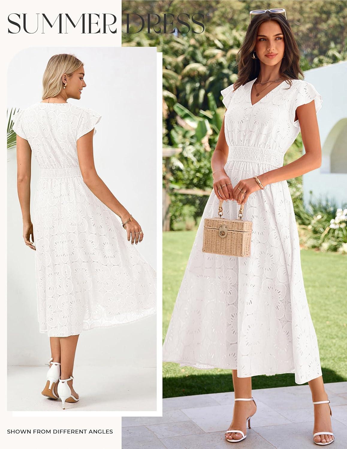 imageGRACE KARIN Women 2026 Summer Midi DressRuffle Sleeve V Neck Smocked Eyelet DressesFlowy A Line Beach Vacation DressesWhite