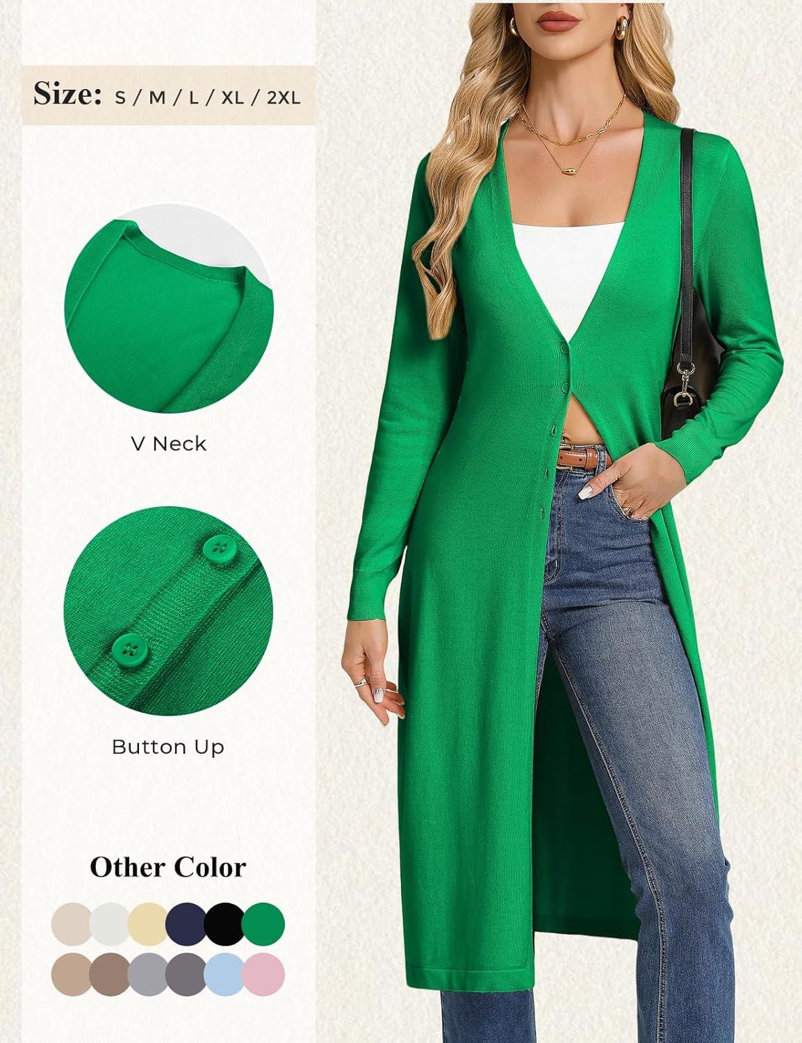 imageGRACE KARIN Womens Long Cardigan Trendy Lightweight Knit Dusters Coat V Neck Button Up Sweater Maxi DressGreen